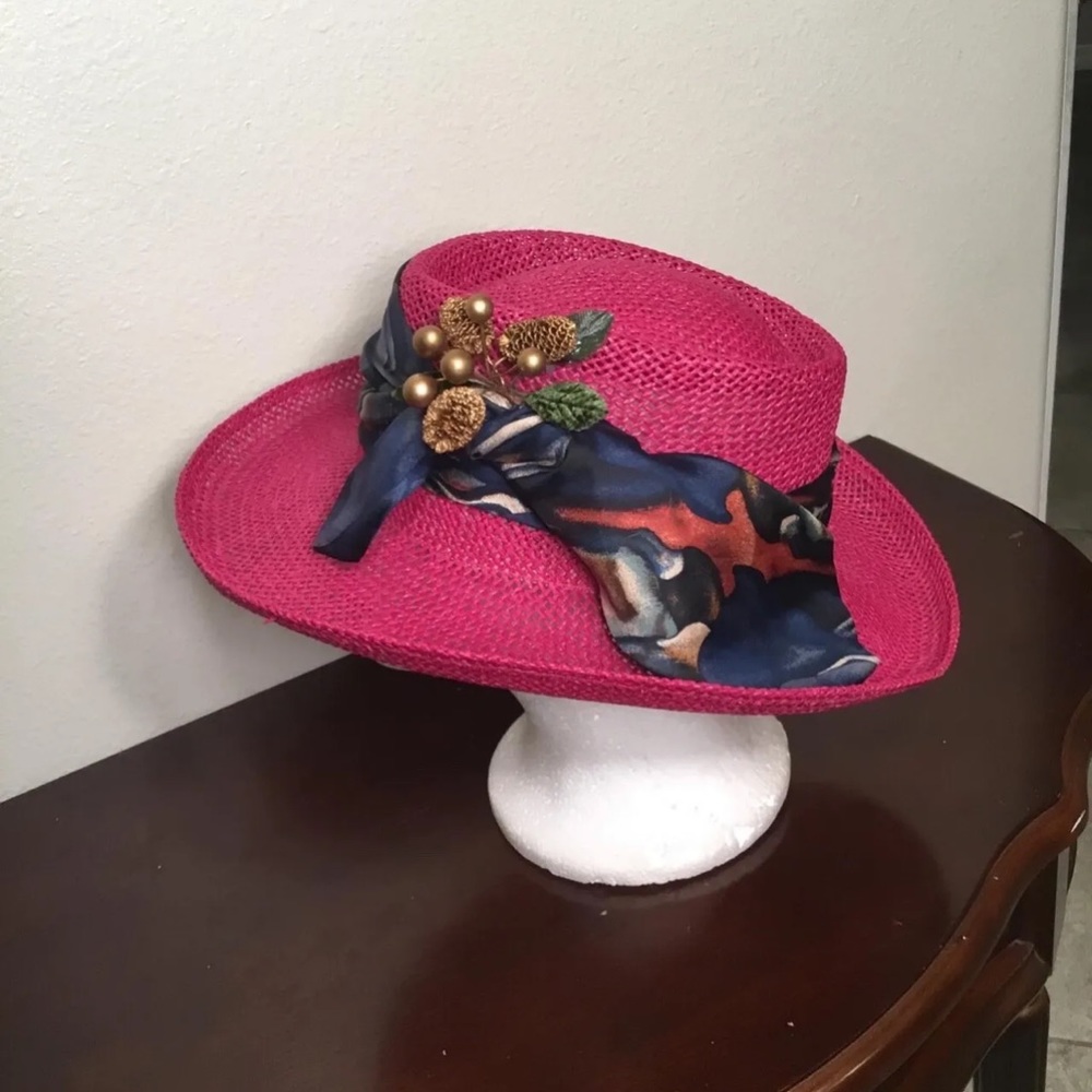 Hand made French coral & blue silk women straw fedora hat